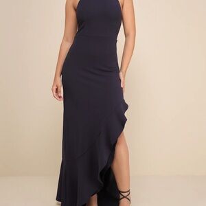 Lulu's Blue Asymmetrical Ruffled Halter Gown